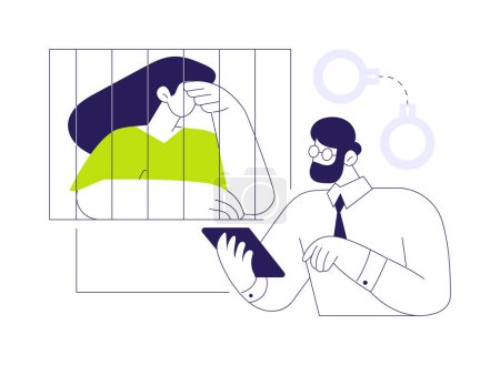 Legal aid abstract concept vector illustration. Professional lawyer meeting arrested client in prison, business people, legal aid service, presumption of innocence idea abstract metaphor.