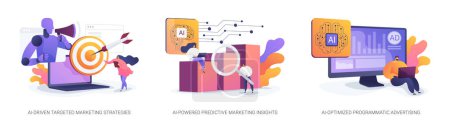 AI in Marketing abstract concept vector illustration set (en inglés). Estrategias de marketing orientadas a la IA, ideas de marketing predictivo impulsadas por la IA, metáfora abstracta de publicidad programática optimizada para la IA.