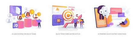 Illustration for Artificial Intelligence in Sales abstract concept vector illustration set. AI-Lead Scoring for Sales Teams, Sales Trend Forecasting with AI, AI-Powered Sales Chatbot Assistance abstract metaphor. - Royalty Free Image
