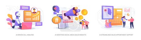 AI-Backed sales strategies abstract concept vector illustration set. AI-Driven Call Analysis, AI-Identified Social Media Sales Insights, AI-Streamlined Sales Appointment Support abstract metaphor.