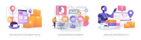 Illustration for AI in logistics and warehousing abstract concept vector illustration set. Real-Time Supply Chain Visibility with AI, AI-Driven Inventory Automation, Disruption Forecasting with AI abstract metaphor. - Royalty Free Image