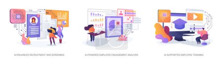 AI in Human Resources abstract concept vector illustration set. AI-Enhanced Recruitment and Screening, AI-Powered Employee Engagement Analysis, AI-Supported Employee Training abstract metaphor.