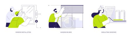 Windows service abstract concept vector illustration set. Window installation, hanging blinds, foam sealant insulation, sills assembly, interior works in residential construction abstract metaphor.