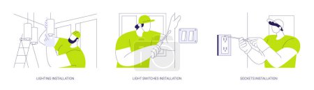 Illustration for Electricity installation abstract concept vector illustration set. Lighting installation, light switches, contractor plugs socket and lamps in a new home, interior works abstract metaphor. - Royalty Free Image