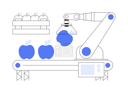 Tri et emballage robots isolés illustrations vectorielles de dessins animés. Robotisation de l'emballage des fruits et légumes, machine de tri autonome sur l'usine, dessin animé vectoriel de la technologie agricole moderne.