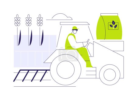 Illustration vectorielle du concept abstrait d'engrais vert. Jeune agriculteur en tracteur fertilise le sol, industrie agroécologique, agriculture durable, processus d'engrais verts métaphore abstraite.