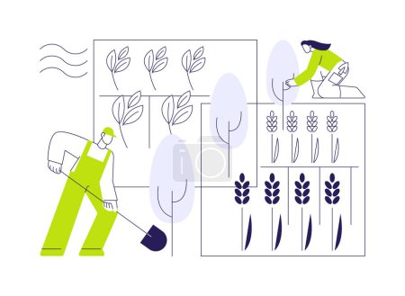 Rompevientos abstracto concepto vector ilustración. Grupo de agricultores plantan arbustos y árboles entre campos, agricultura sostenible, agroecología, cortavientos plantan metáfora abstracta.