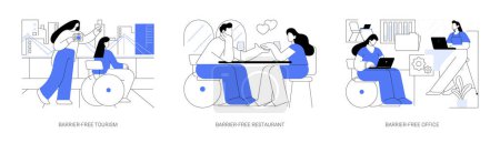 Barrier-free environment isolated cartoon vector illustrations set. Person wheelchair travel with friend, disabled person eating in restaurant, inclusive office, accessible city vector cartoon.