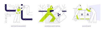 Toxic waste disposal abstract concept vector illustration set. Wastewater management, hazardous rubbish disposal, worker in protective suit deals with radioactive nuclear waste abstract metaphor.
