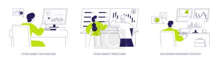 Stock exchange abstract concept vector illustration set. Stock market data analysis and predictions, data-driven money investment strategy, financial growth, getting income abstract metaphor.