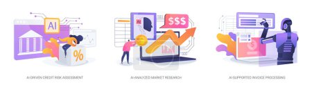 Illustration for AI in financial management abstract concept vector illustration set. AI-Driven Credit Risk Assessment, AI-Analyzed Market Research, AI-Supported Invoice Processing and payment abstract metaphor. - Royalty Free Image