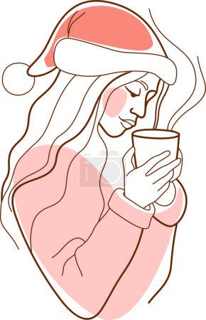 Foto de Mujer joven en un sombrero de santa bebiendo una taza de té caliente, café o cacao. Un simple dibujo de línea. Boceto vectorial arte - Imagen libre de derechos