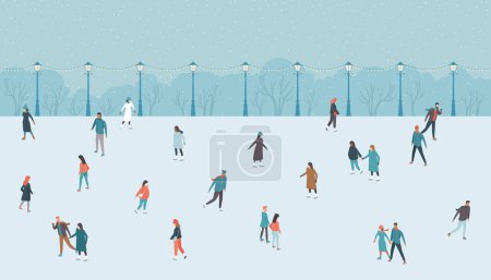Foto de Gente feliz divirtiéndose en la pista de hielo. Escena de vacaciones de invierno con gente activa en un parque al aire libre. Navidad y Feliz Año Nuevo vector ilustración con spac copia - Imagen libre de derechos