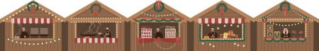 Foto de Mercado de Navidad puestos de madera quioscos vector conjunto de ilustración. Vendedor de mercado de dibujos animados con comida de Año Nuevo, bebida caliente, café de vino caliente o té, dulces y regalos. Feria de Navidad casa aislada del mercado - Imagen libre de derechos