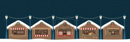 Christmas market wooden stalls kiosks vector illustration set. Cartoon market seller with New Year food, hot drink, mulled wine coffee or tea, sweets and gifts. Xmas fair house marketplace at night