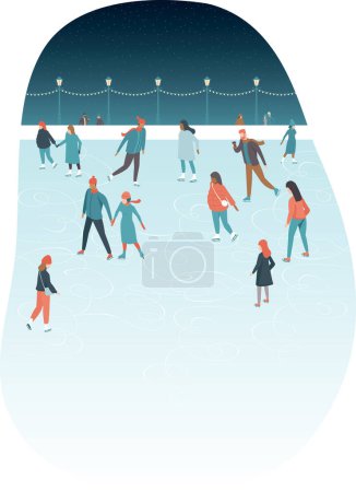 Foto de Gente feliz divirtiéndose en la pista de hielo. Escena de vacaciones de invierno con gente activa en un parque al aire libre. Navidad y Feliz Año Nuevo vector ilustración con espacio de copia - Imagen libre de derechos