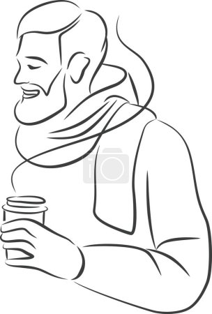 Foto de Joven con ropa abrigada sosteniendo una taza de papel con café caliente o vino caliente en sus manos. Esbozo simple vector bosquejo - Imagen libre de derechos