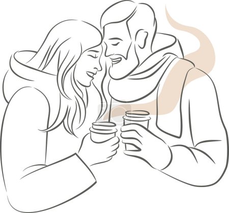 Foto de Linda pareja enamorada en ropa abrigada sosteniendo tazas de papel con café caliente o vino caliente en sus manos. Dibujo simple vector lineal - Imagen libre de derechos