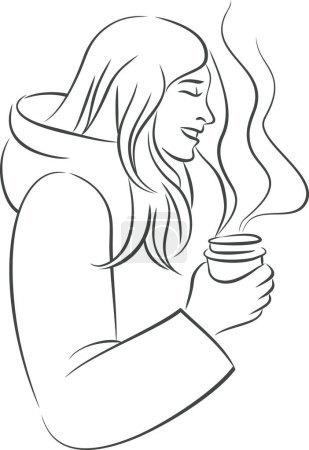 Foto de Chica joven en ropa de abrigo sosteniendo taza de papel con café caliente o vino caliente en sus manos. Dibujo simple vector lineal - Imagen libre de derechos