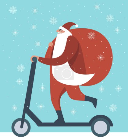 Foto de Santa Claus montando scooter y llevando un enorme saco de regalos. Tarjeta plana Vector Navidad - Imagen libre de derechos