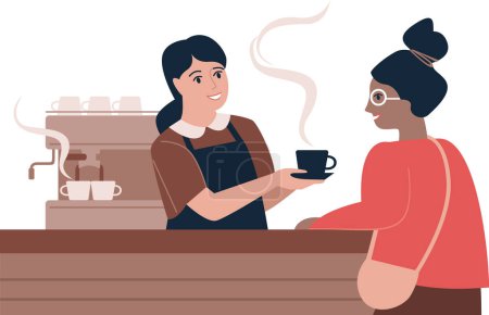 Foto de Chica barista que sirve café caliente para el cliente en una cafetería. Carácter vectorial plano - Imagen libre de derechos