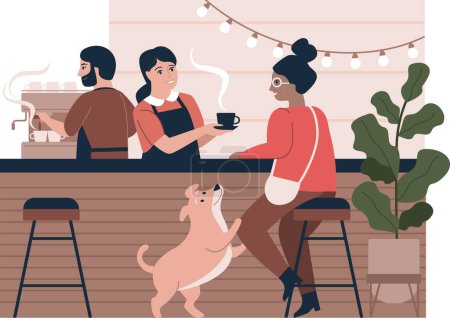 Illustration for People in a cozy cafe, coffeehouse interior, barista making coffee, customer and waitresses characters, flat vector illustration - Royalty Free Image