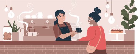 Ilustración de Gente en la cafetería. Barista y cliente en la cafetería de moda o cafetería. café interior. vector plano Ilustración - Imagen libre de derechos