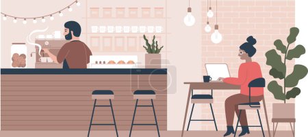 Foto de Mujer joven que trabaja en la cafetería moderna Barista hacer café Coworking oficina con cafetería Ilustración vector plano. - Imagen libre de derechos