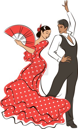 Flamenco-Tänzer. Mann und Frau tanzen Flamenco in traditionellen spanischen Tanztrachten. Linienkunst-Vektorskizze 