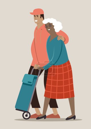Foto de Young man social worker helps senior woman with grocery shopping. Flat style vector illustration - Imagen libre de derechos