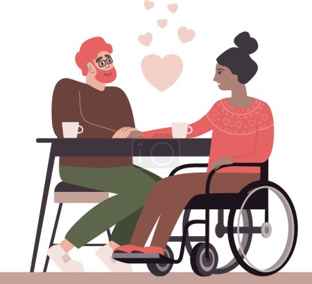 Foto de Loving valentine couple. Girl with disability in wheelchair and her boyfriend having date in a cafe.  Relationship, love, tenderness, care concept. Disabled woman and man cartoon character.  Fat vector illustration. - Imagen libre de derechos