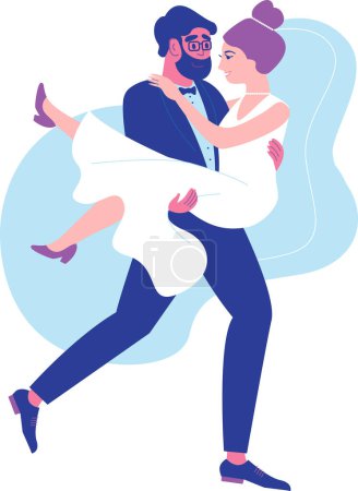 Foto de Happy newlyweds. The groom carrying the bride holds her in his arms. Love and wedding concept. Flat vector illustration in bright colors - Imagen libre de derechos
