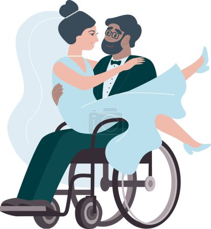 Foto de Couple at wedding celebration. Disabled groom in wheelchair carrying his bride on his knees. Young happy family. Positive man with special needs in wheelchair. Flat vector characters - Imagen libre de derechos