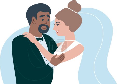 Foto de Happy newlyweds. The groom carrying the bride holds her in his arms. Multiracial couple. Flat vector illustration in bright colors - Imagen libre de derechos