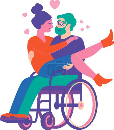 Foto de Young happy heterosexual couple in love. Disabled man on wheelchair holding girlfriend on his arms. flat vector illustration. - Imagen libre de derechos