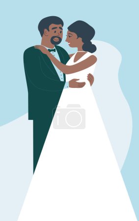 Foto de Happy bride and groom. African American couple standing posing happy on wedding day holding each other. Flat vector characters - Imagen libre de derechos