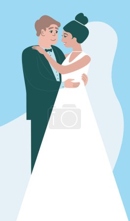 Foto de Happy bride and groom. Young caucasian couple standing posing happy on wedding day holding each other. Flat vector characters - Imagen libre de derechos