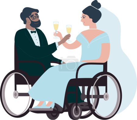 Foto de Wedding of young couple in wheelchairs. Happy bride and groom drinking champagne. Flat Vector illustration. - Imagen libre de derechos