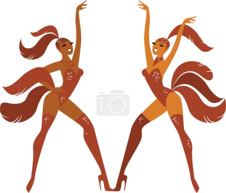 Foto de Hermosas bailarinas burlesque show girls en trajes brillantes rojos con pluma - Imagen libre de derechos