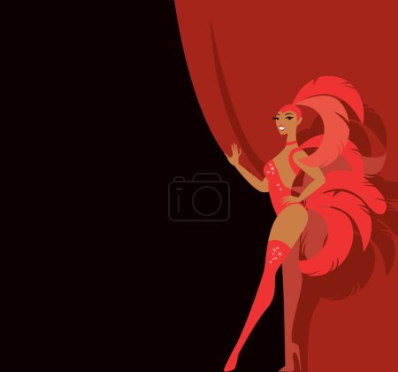 Foto de Cabaret bailarina showgirl sosteniendo cortina roja en el escenario del teatro - Imagen libre de derechos
