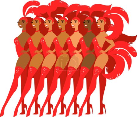 Foto de Hermosas bailarinas burlesque show girls en trajes de escenario brillante rojo con pluma de pie en una fila - Imagen libre de derechos