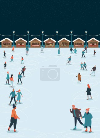 Foto de Una pista de hielo en un mercado de Navidad por la noche. Gente patinando. Plantilla de diseño para su texto. Cartel o pancarta de Navidad - Imagen libre de derechos