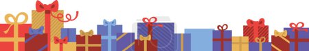 Foto de Cajas de regalo coloridas con bolos en una fila Banner de vacaciones, póster web, tarjeta de felicitación para días festivos de Navidad o día de San Valentín. ilustración vectorial plana - Imagen libre de derechos