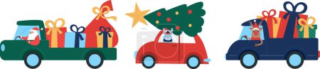 Foto de Equipo de Santa Claus conduciendo caravana con árbol de Navidad, regalos y regalos. Divertido vector plano ilustración - Imagen libre de derechos