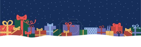 Foto de Feliz Navidad y feliz año nuevo. Cajas de regalo de colores con bowsin una fila sobre fondo de noche azul oscuro con nieve. Banner de vacaciones, póster web, tarjeta de felicitación. ilustración vectorial plana - Imagen libre de derechos