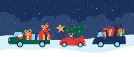 Foto de Equipo de Santa Claus conduciendo caravana con árbol de Navidad, regalos y regalos. Divertido vector plano ilustración - Imagen libre de derechos