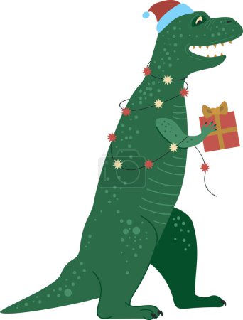 Foto de Dinosaurio divertido T-Rex con guirnalda de Navidad celebración presente caja. Ilustración vectorial plana. - Imagen libre de derechos