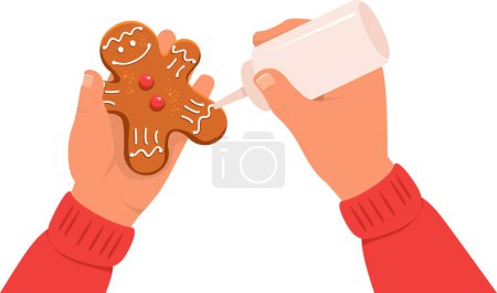 Foto de Galleta de jengibre para niños. Manos de niño con galletas tradicionales de Navidad. Ilustración vectorial plana - Imagen libre de derechos