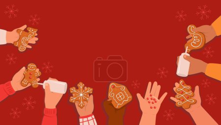 Foto de Grupo de niños decorando galletas de jengibre. Manos de niño con galletas tradicionales de invierno. Diseño de póster de taller de Navidad con espacio para copias - Imagen libre de derechos