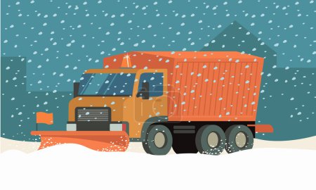 Foto de Camión quitanieves limpieza ciudad carretera nevada. invierno calle nieve eliminación concepto. Ilustración vectorial plana - Imagen libre de derechos